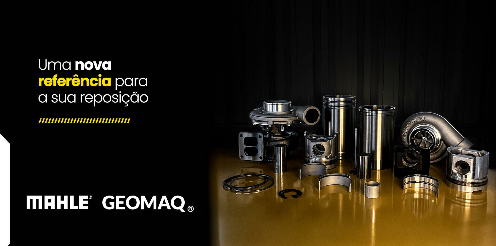Banner MAHLE e Geomaq com componentes para reposição e a frase: Uma nova referência para a sua reposição